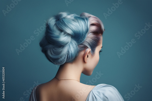 Pastel blue colored hair in elegant updo hairstyle. 