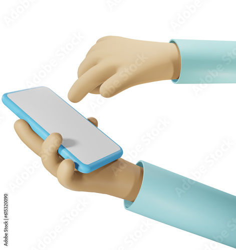 Hand holding smartphone pointing on mobile blank touch screen. 3D cartoon character.