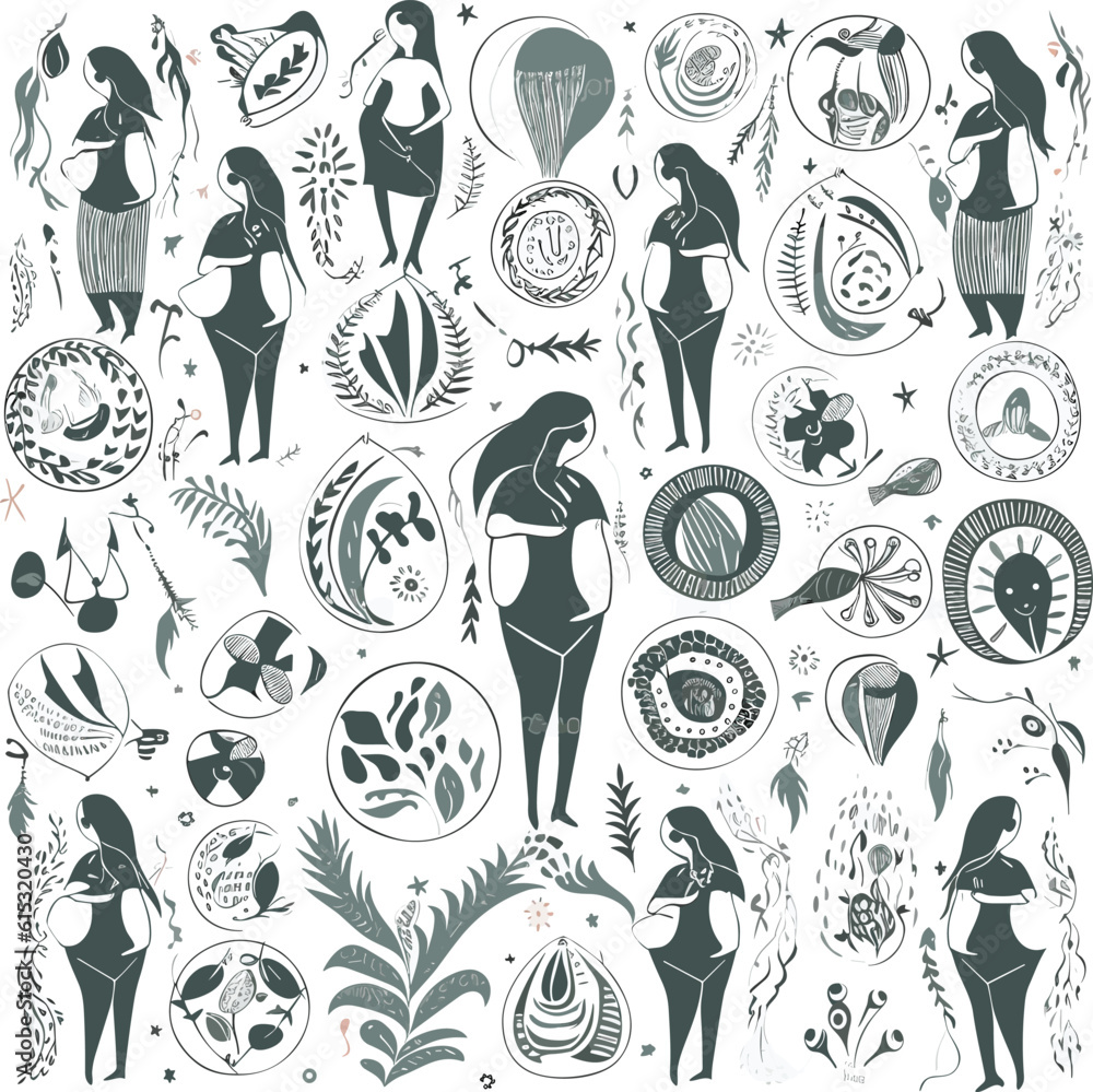 A seamless pattern with the image of a mother pregnancy time and the words love with symbol