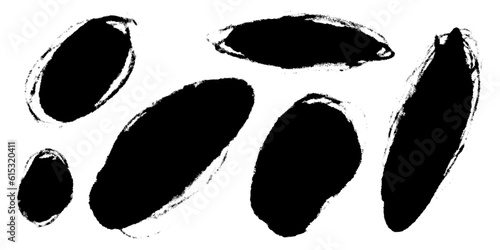 Set ink brush strokes and round freehand drawings. Ink splatters, grungy  oval painted lines, artistic design elements, circles Vector paintbrush