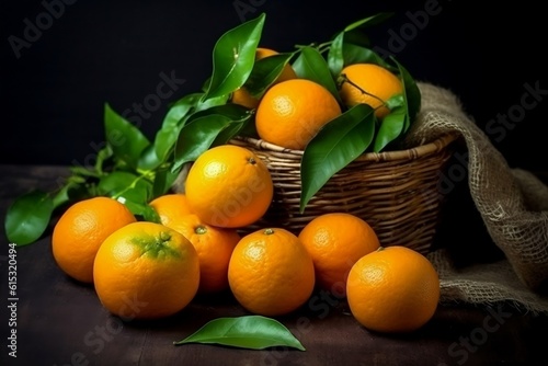 Tantalizing Tangerines with Lush Leaves on the Table, Generative AI