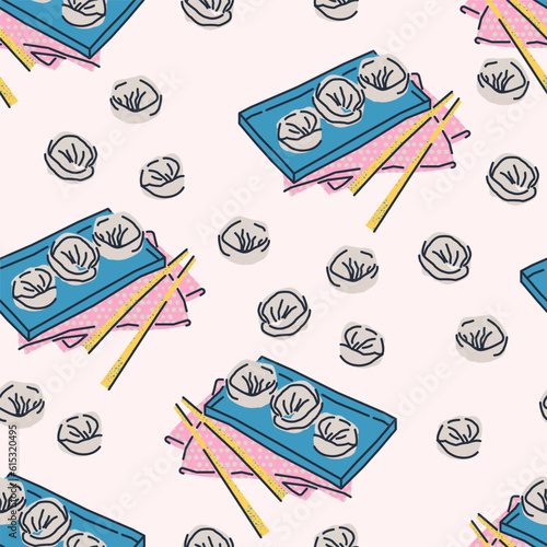 Stylish seamless pattern with dumplings on plates with chopsticks. Traditional kitchen. Vector background, print, design