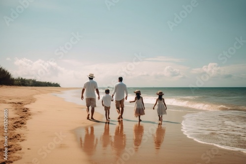 Two Fathers and Children on the Beach Family Fun in the Sun, Generative AI