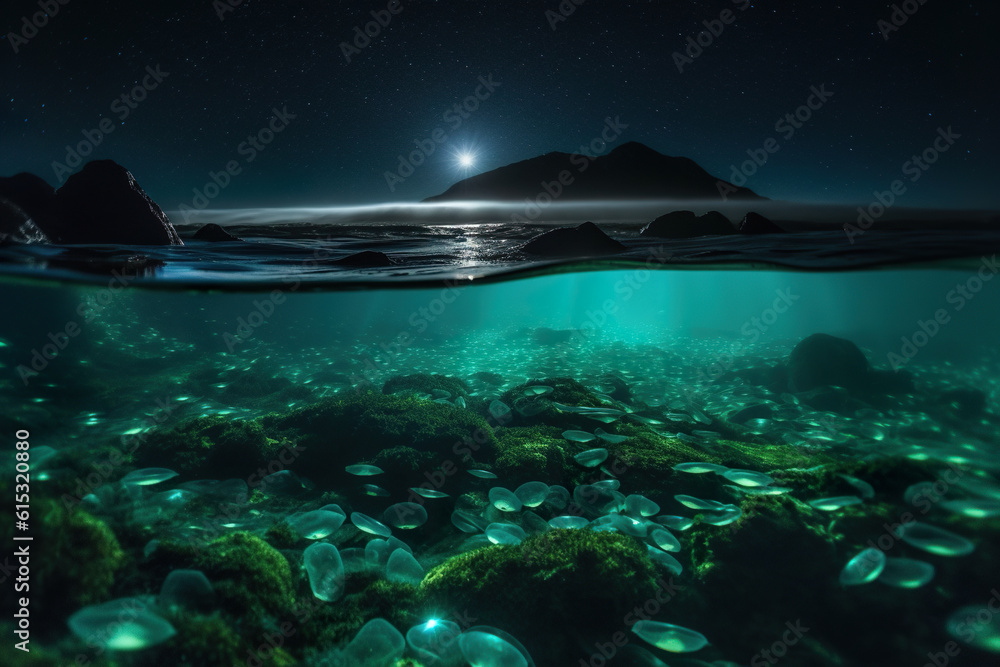 Bioluminescence in the sea. Generative AI
