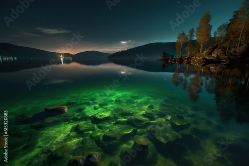 Bioluminescence in a lake. Generative AI