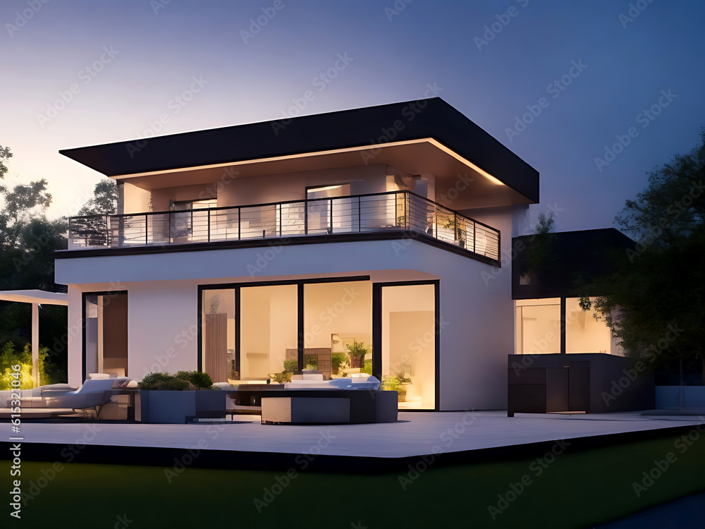 3D visualization of a modern one-story house with a flat roof and a terrace Evening, illumination. Architecture, building. flat roof house