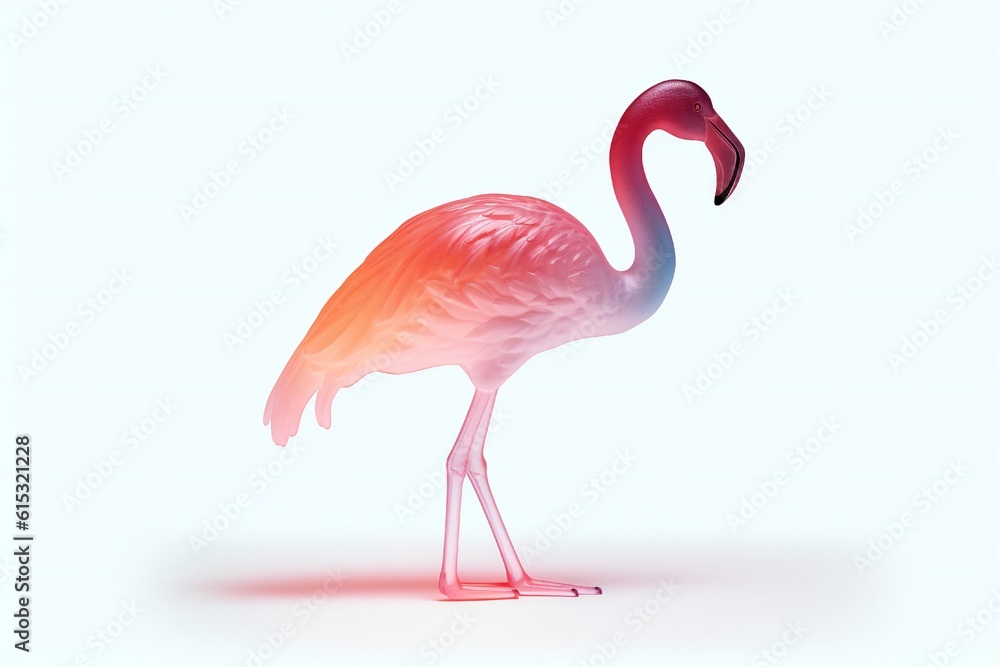 Fototapeta premium Gradient translucent flamingo glass melt, laser effect, caustics, design by dieter rams,high detail, glow, white background Generative AI 