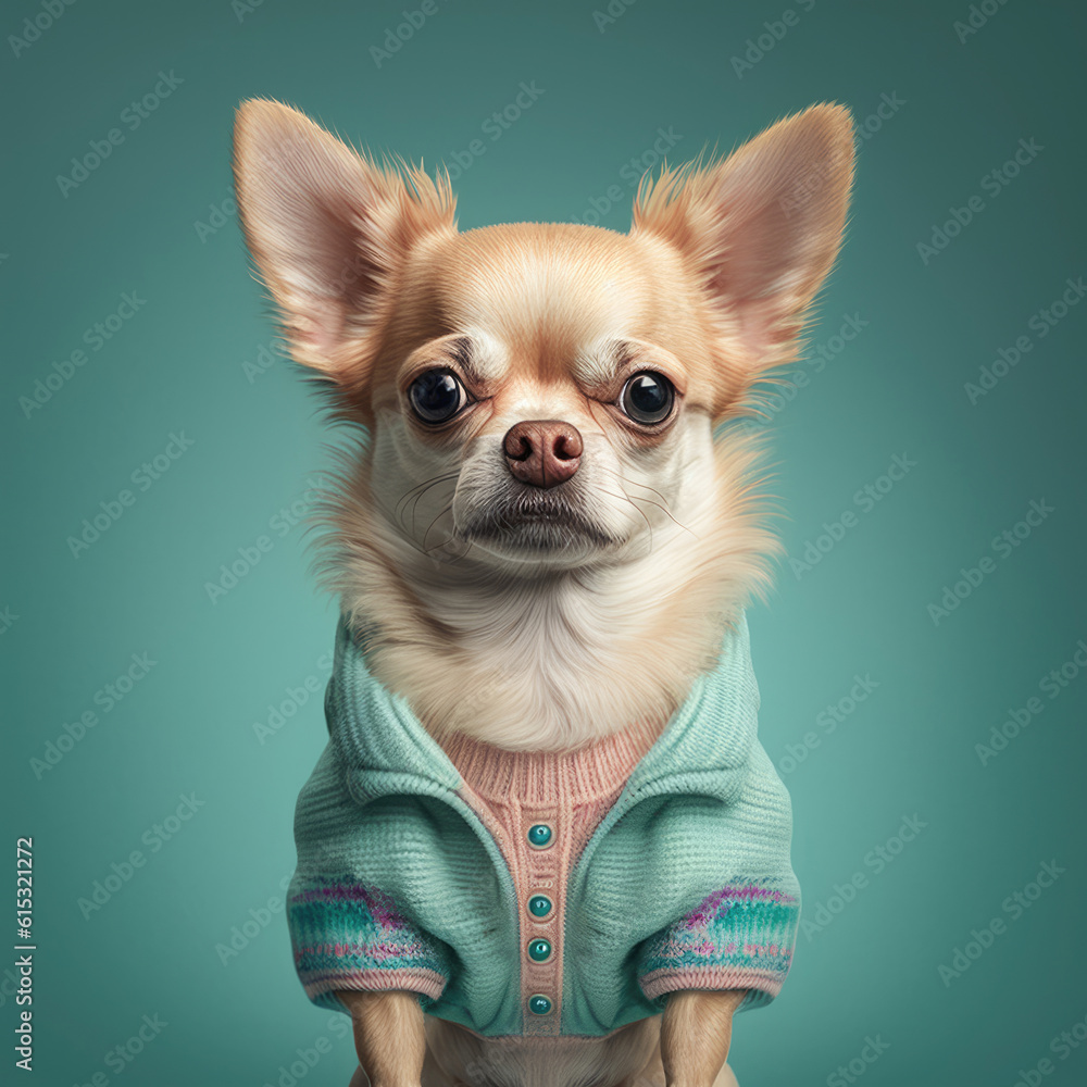Dog chihuahua portrait generative ai. Chihuahua dog puppy in fashionable and adorable jacket cardigan outfit. Generative AI. 
