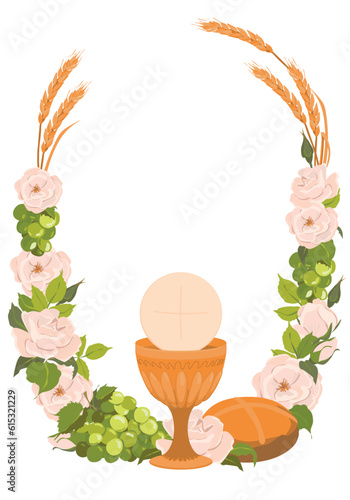 Symbols of the first communion in a round composition, wreath. Vector. Golden bowl for wine, bread, wine, grapes, white roses. Elements for beautiful invitation design.