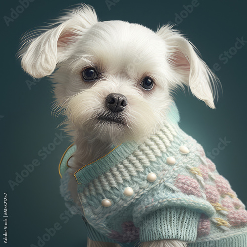 Dog maltese portrait generative ai. Dog shihtzu wearing cute adorable jacket and cardigan outfit for photo shoot. Generative AI.