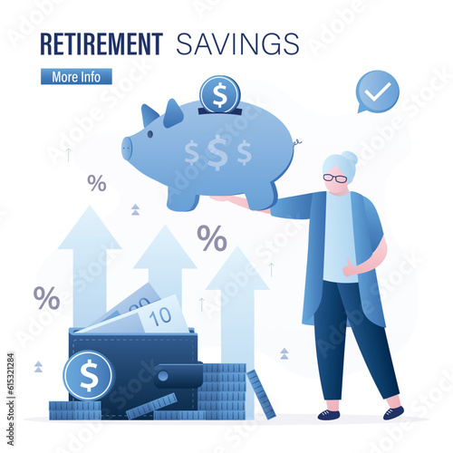 Smart grandmother holds piggy bank with money. Retirement savings. Pension fund, bank deposit. Increase passive income. Aged woman with money for old age. Financial independence, literacy.