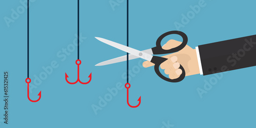 Businessman hand uses scissors and cuts off various fishing hooks. Fight against scam, internet phishing. Smart user does not become victim of scammers and thieves. Bait, deceit