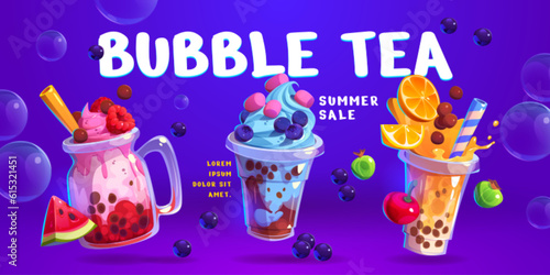 Milk coffee and tea bubble ice drink in cup vector illustration. Milkshake boba, smoothie dessert in glass for cafe menu poster design. Pearl juice with cream and tapioca with slogan for promotions