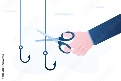 Businessman hand uses scissors and cuts off fishing hooks. Fight against scam and Internet phishing. Smart user does not become victim of scammers and thieves. Bait, deceit.