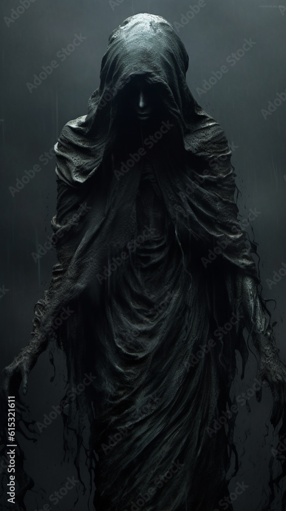 Generative AI Gothic black death statue in a foggy dark room.