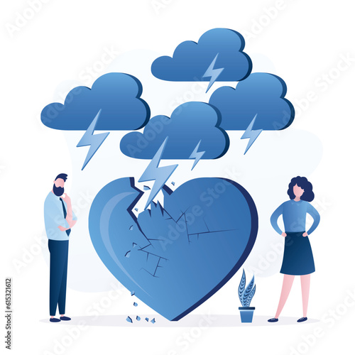 End of love, unhappy couple standing near big broken heart. Bad weather, rainy day, lightning strikes and destroys heart, relationship cracks. Domestic conflicts and bullying.