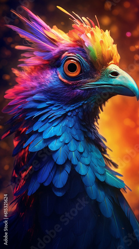 Generative AI Portrait of a beautiful bird with colorful feathers, close-up © Diio