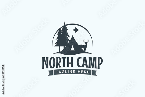 the north camp logo with a combination of a tent, pines, deer, and the north star for any business.