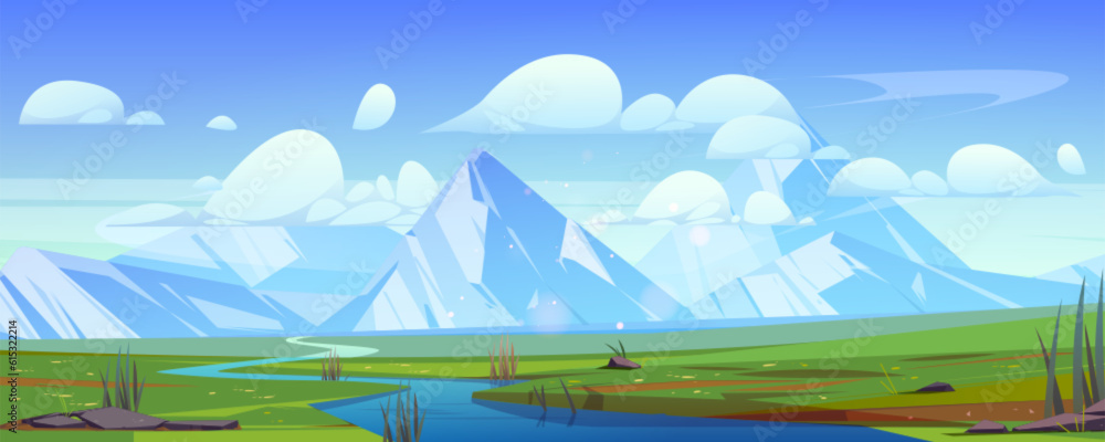 Summer mountain valley landscape with river. Vector cartoon illustration of green grass, white clouds in blue sunny sky, peaks with snow, water stream flowing from rocky range