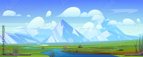 Summer mountain valley landscape with river. Vector cartoon illustration of green grass, white clouds in blue sunny sky, peaks with snow, water stream flowing from rocky range