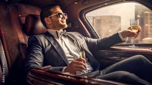 Business man enjoying in limousine with glass of champagne © Salsabila Ariadina