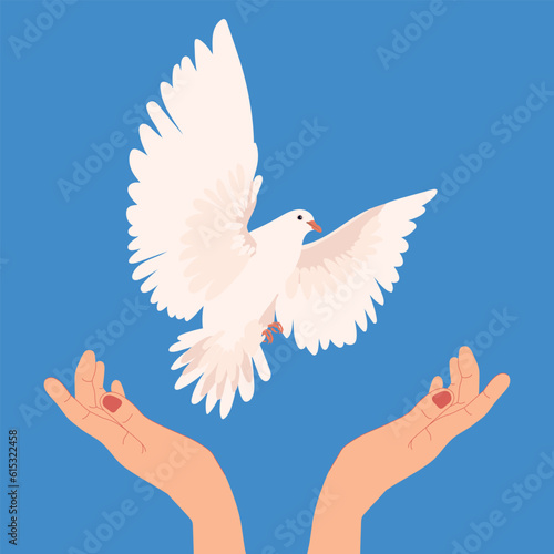 Hands with dove of peace in flat style. Vector. A white bird flies out of the hands into the blue sky. The concept of hope, a sign of freedom and independence, a manifestation of the holy spirit.