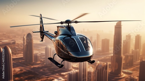 luxury private helicopter flying against a metropolitan city or beautiful natural landscape. Show the jetset lifestyle and the comfort of the private transportation