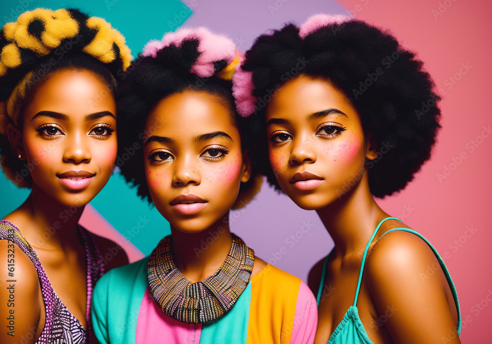 Fashion portrait of a beautiful african american girls on bright background. Generative AI.