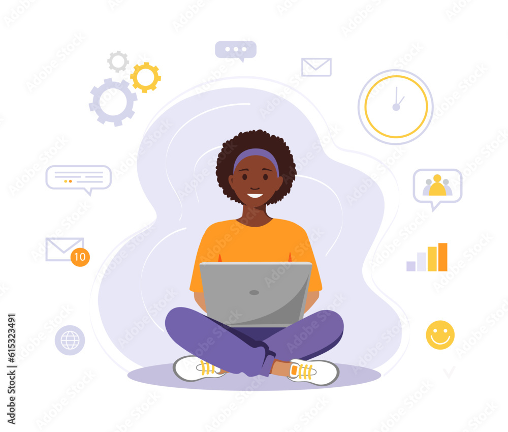 Woman is sitting with laptop. Concept illustration for working, freelancing, studying, education, work at home. Vector illustration in flat cartoon style Woman is sitting with laptop. Concept illustration for working, freelancing, studying, education, work at home. Vector illustration in flat cartoon style