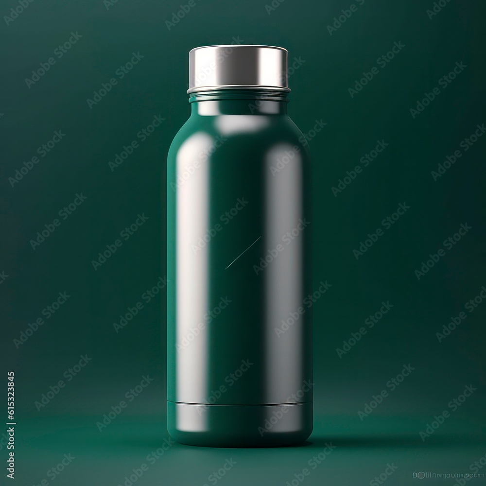 a white stainless steel water bottle on a green background generative ai a white stainless steel water bottle on a green background generative ai