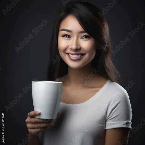 a smiling 20's young woman holding a plain mug glass mock up in solid dark grey background generative ai