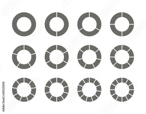 Pie diagram divided into gray pieces. Circular chart. Round structure graph. Circle section template. Set schemes with sectors. Piechart with segments and slices. Vector illustration