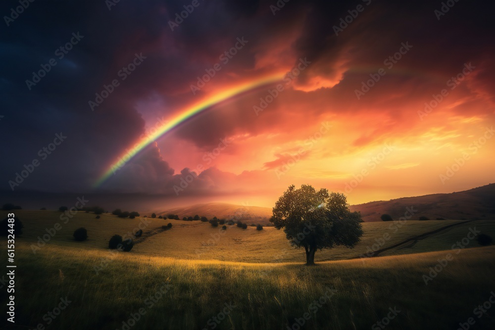 Dramatic rainbow twilight, dramatic cinematic lighting Generative AI 