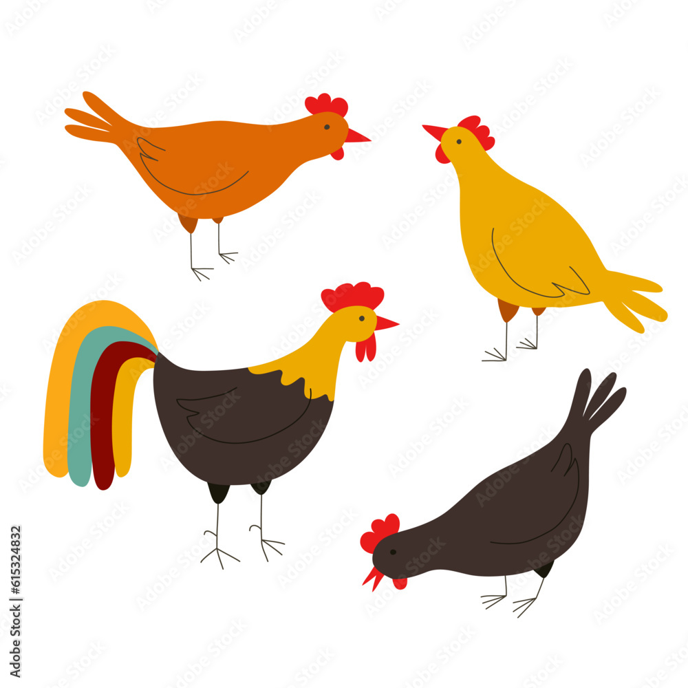 Fototapeta premium Vector illustration of chickens and cock insulated on a white background in a flat style. A set of farm birds clip art