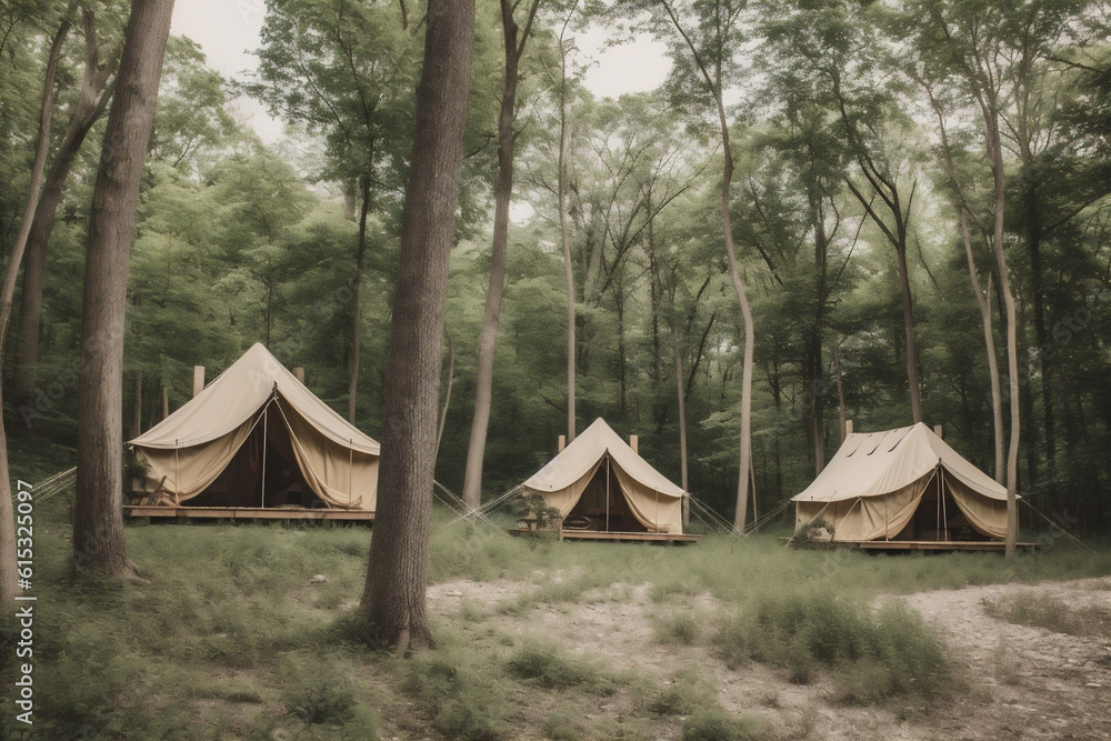travel light luxury nature glamping tent vacation camping canvas forest. Generative AI. travel light luxury nature glamping tent vacation camping canvas forest. Generative AI.