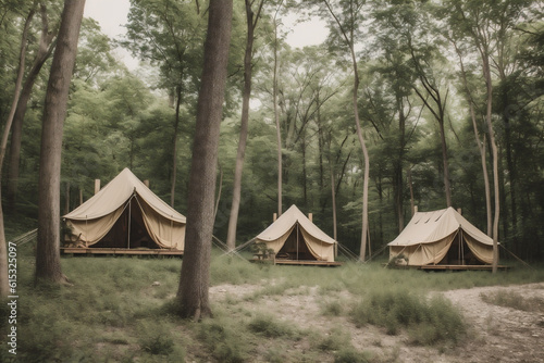 travel light luxury nature glamping tent vacation camping canvas forest. Generative AI.
