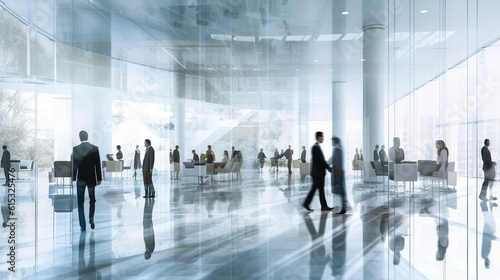 Blurred business people in white glass office background. AI generated Illustration