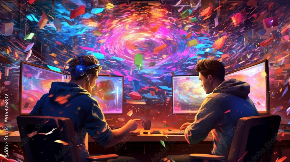two people near monitors with abstract neon background. brainstorming concept. Generative Ai. two people near monitors with abstract neon background. brainstorming concept. Generative Ai.