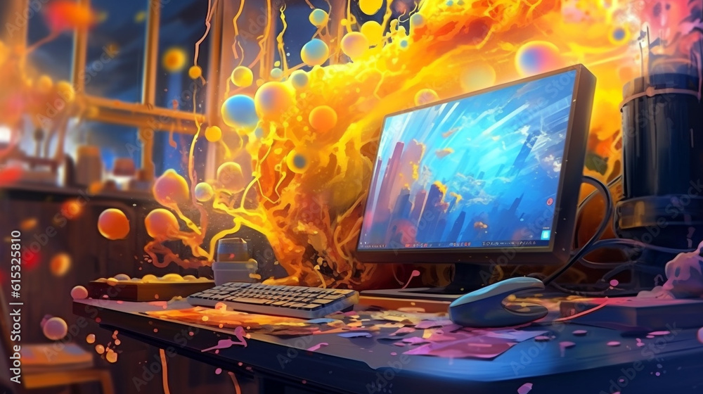 a bright explosion of yellow-orange elements from behind the monitor. freedom concept, abstract futuristic illustration, brainstorming concept. Generative AI.