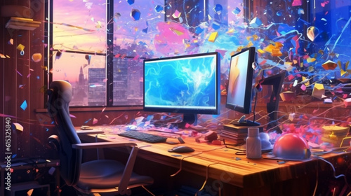 explosion of colorful elements flying out of monitors standing on the office desk, abstract futuristic illustration, brainstorming concept. Generative AI.