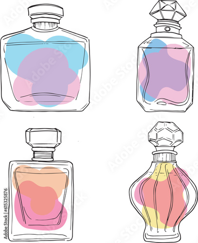 Vector scented perfume bottle, isolated on white aroma pheromones line art vector flacon