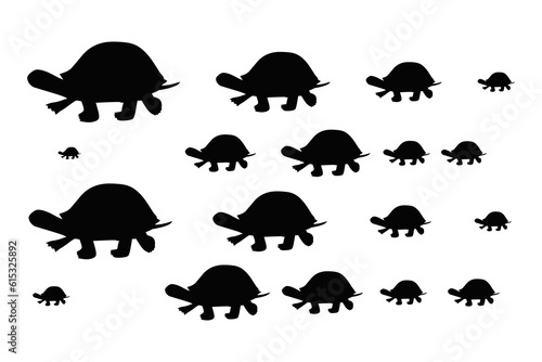 Tortoise set is a different poses tortoise silhouette vector illustrations.