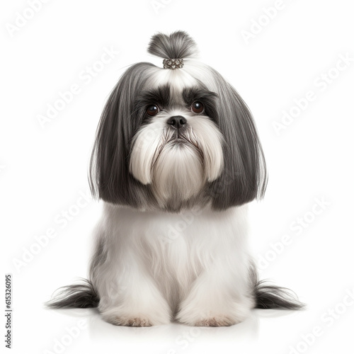 Shih Tzu sitting in front of white background and looking at camera, ai generative