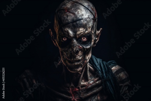 Scary zombie portrait on black background Generative AI 