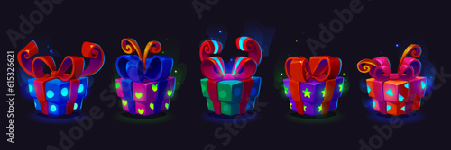 Neon gift box for ui game icon cartoon vector. Bonus or reward present with ribbon for mobile casino app design. Colorful birthday pack with bow for mystery giveaway lottery graphic illustration set.