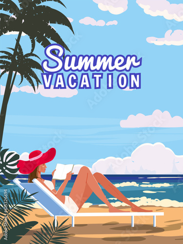Summer Vacation woman in chaise lounge with book in the red hat on the beach, coast tropical resort, palms, ocean. Retro poster Time To Travel