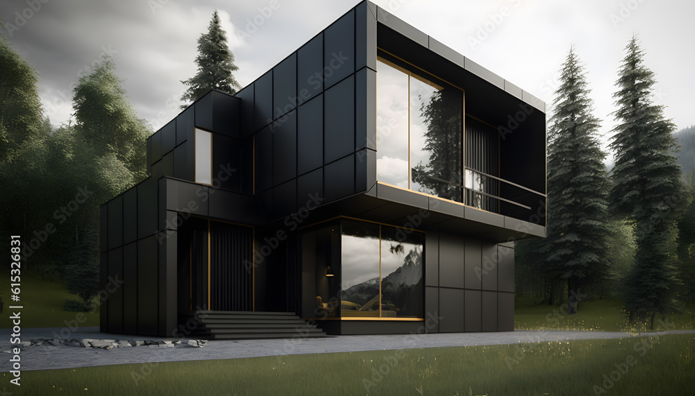 Fototapeta premium Modern dark Minimalist design house for living with big panorama windows in forest. Generation AI