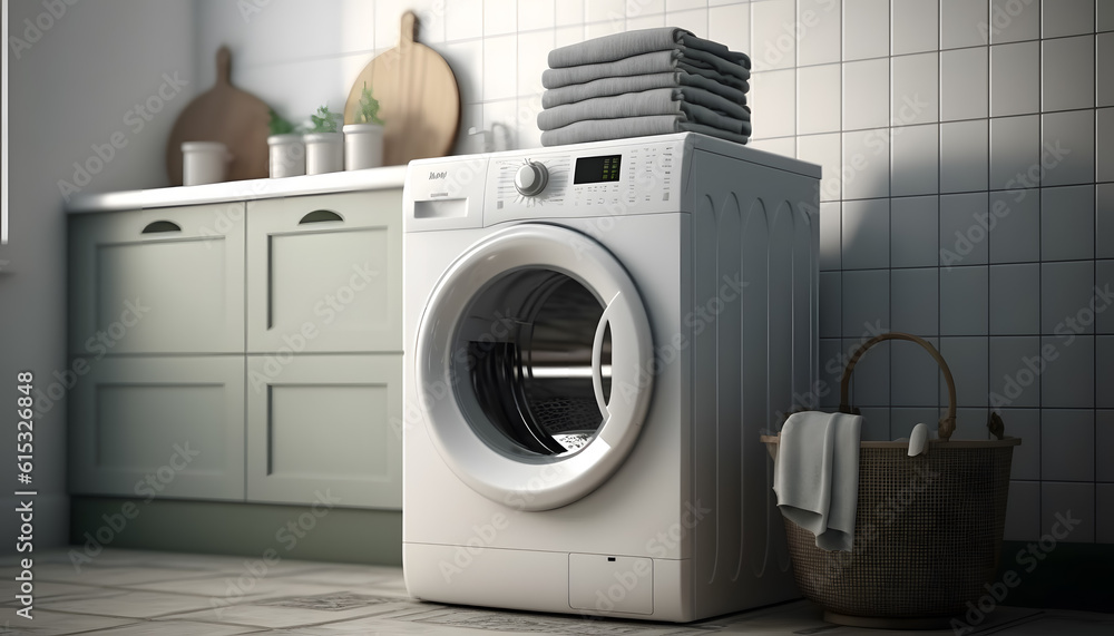 Modern washing machine in interior of home laundry room. Generation AI Modern washing machine in interior of home laundry room. Generation AI