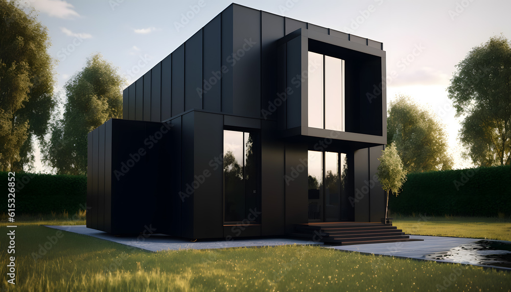 Modern dark Minimalist design house for living with big panorama windows in forest. Generation AI Modern dark Minimalist design house for living with big panorama windows in forest. Generation AI