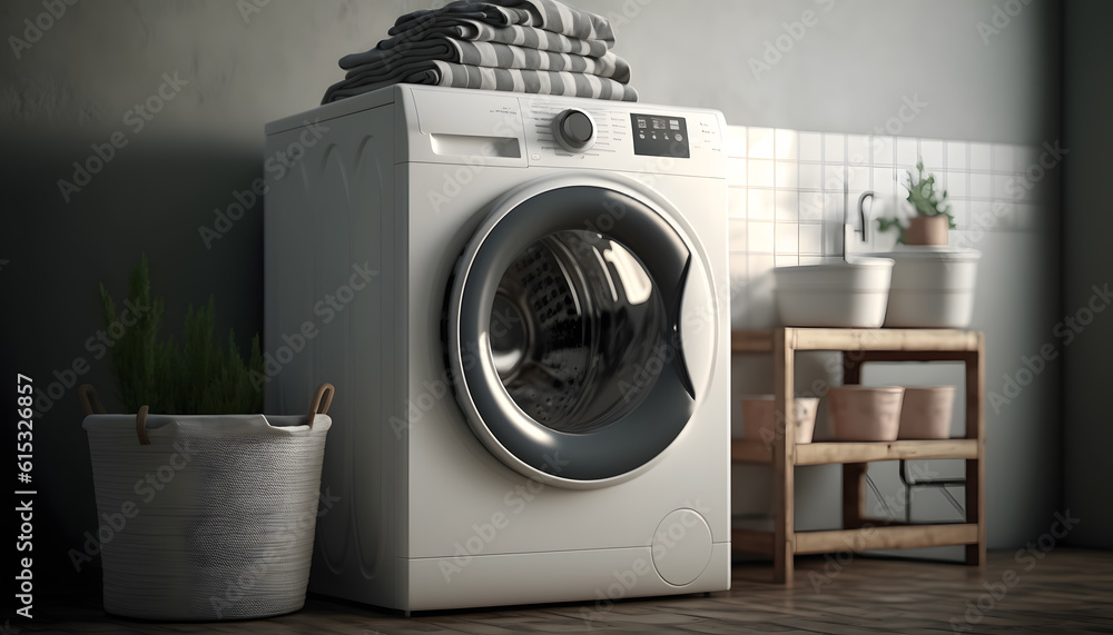 Modern washing machine in interior of home laundry room. Generation AI Modern washing machine in interior of home laundry room. Generation AI